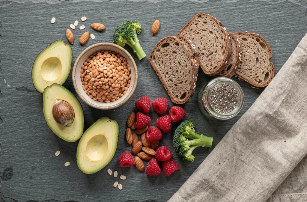 Assortiment de aliments riches en fibres alimentaires disposés en flat lay sur une surface en ardoise rustique