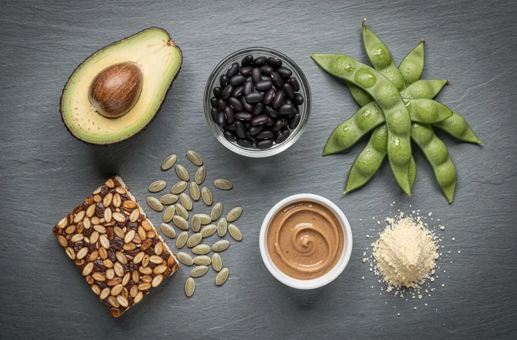 Vue de dessus d'un assortiment d'aliments végétaux riches en protéines incluant avocat, haricots noirs, tempeh et graines de courge