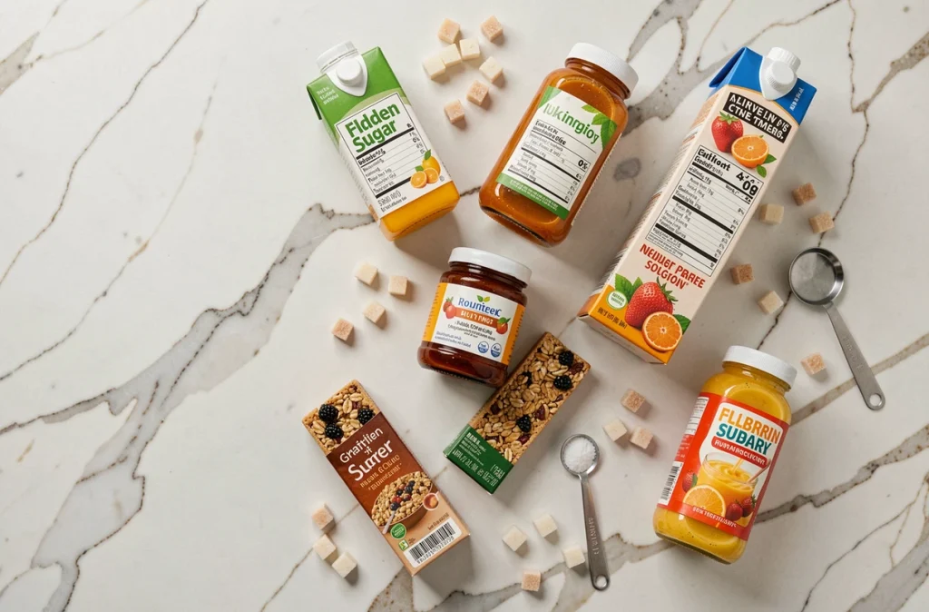 Vue de dessus d'aliments transformés du quotidien avec des morceaux de sucre illustrant les sucres cachés dans les produits courants
