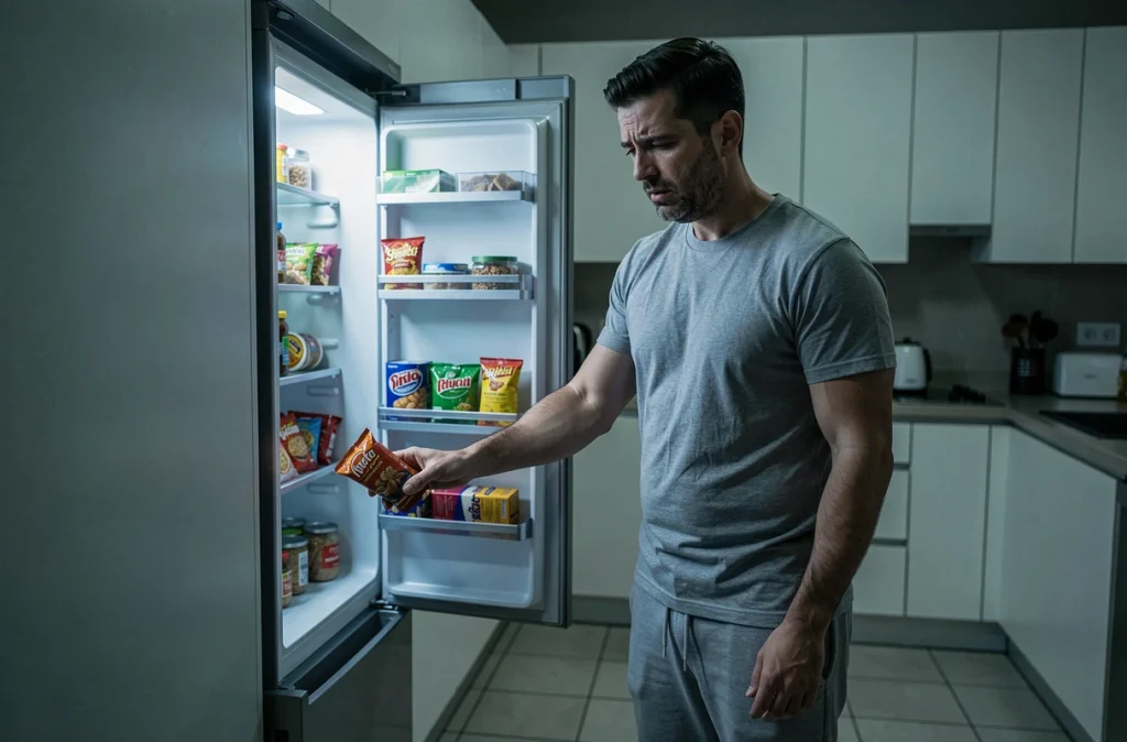 Homme faisant du grignotage nocturne devant un réfrigérateur ouvert, symbolisant la gestion du stress par l'alimentation émotionnelle et la prise de kilos