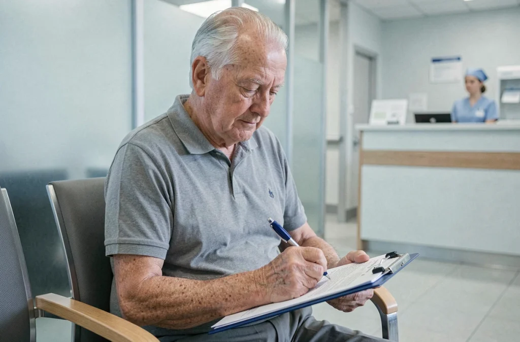 Homme âgé remplissant un questionnaire de santé dans une salle d'attente médicale pour un dépistage précoce
