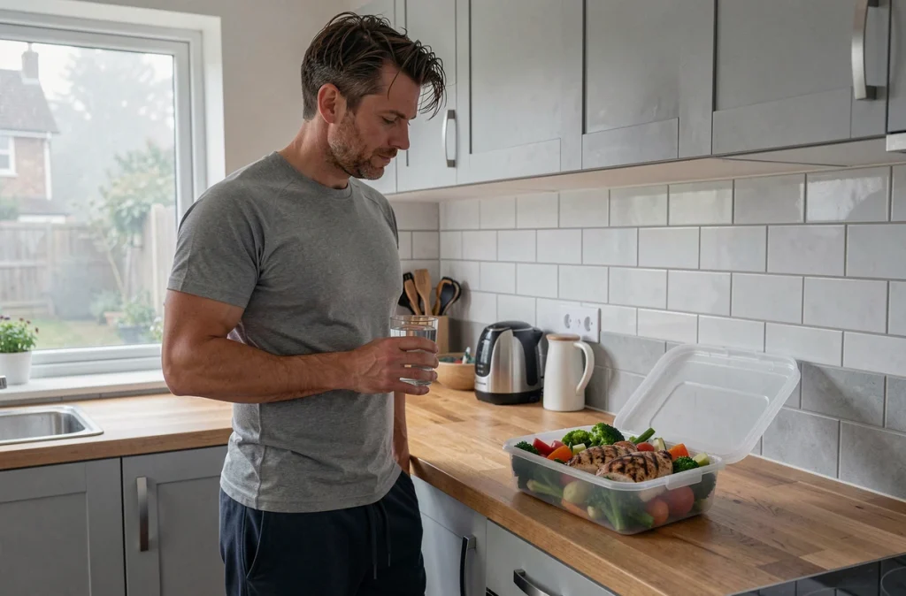 Homme en tenue sportive préparant un repas équilibré le matin après une bonne nuit de sommeil dans le cadre d'un régime minceur
