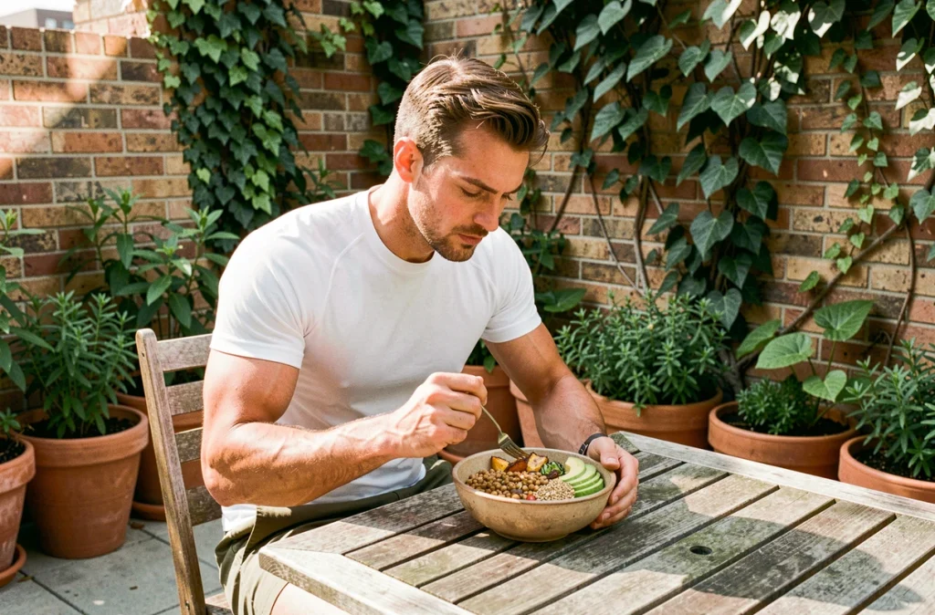 Homme athlétique mangeant un bowl végétalien protéiné composé de lentilles et légumes rôtis sur une terrasse urbaine