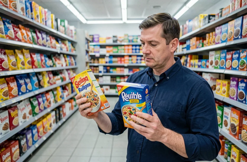 Homme comparant deux boîtes de céréales en supermarché pour choisir le produit le moins sucré