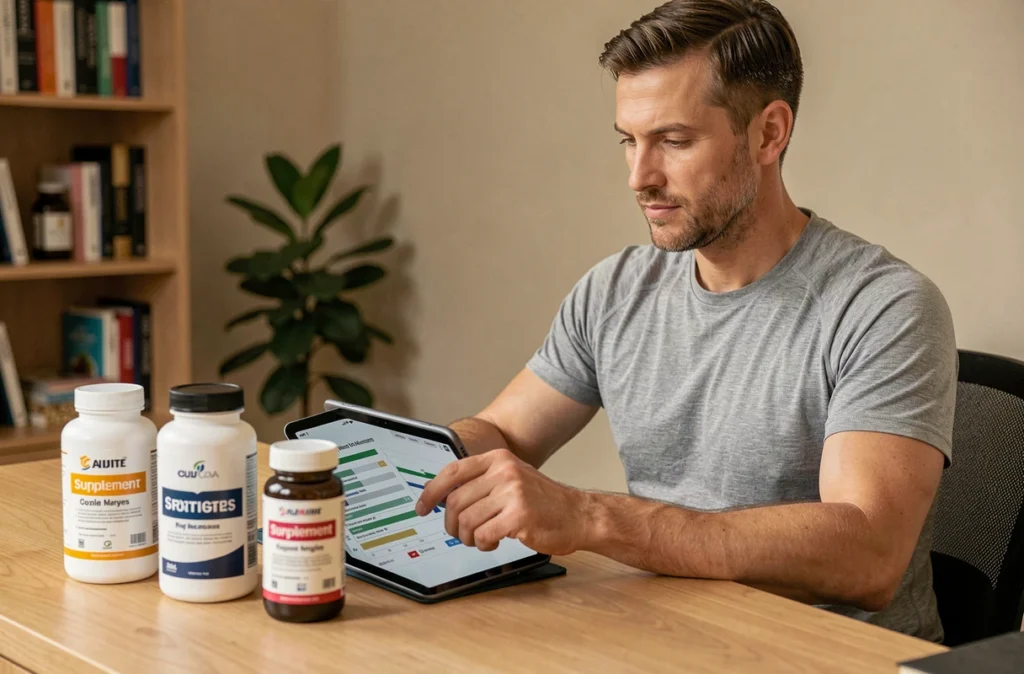 Homme en home office analysant un comparatif de brûleurs de graisse sur tablette avec plusieurs flacons de compléments sur le bureau