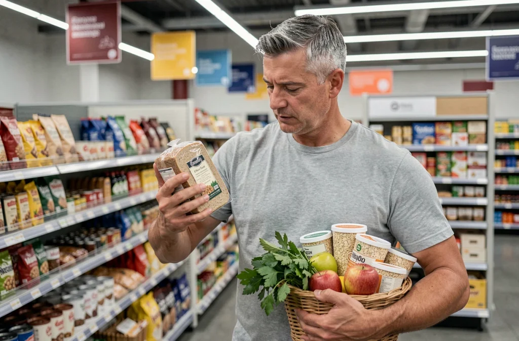 Homme choisissant du pain complet et des légumes riches en fibres dans un supermarché pour favoriser la satiété