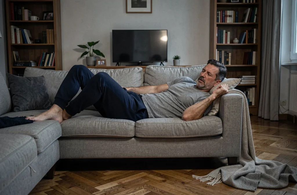 Homme aux jambes agitées allongé sur un canapé incapable de dormir à cause du syndrome des jambes sans repos