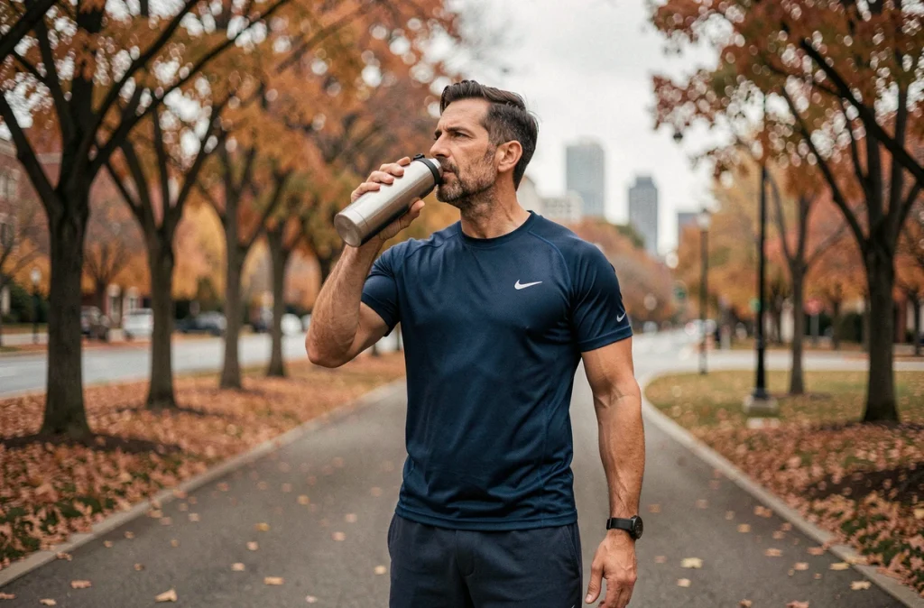 Homme en pause de jogging buvant de l'eau en plein air pour illustrer l'hydratation et la gestion du poids