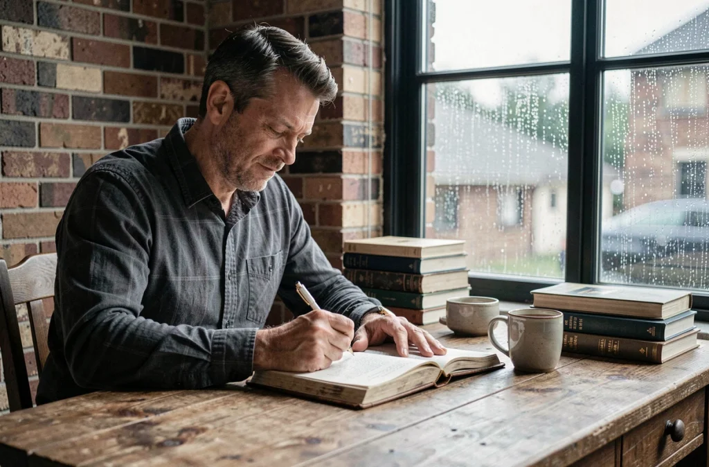 Homme d'âge moyen écrivant dans un journal en cuir à son bureau face à une fenêtre sous la pluie, ambiance introspective et apaisée