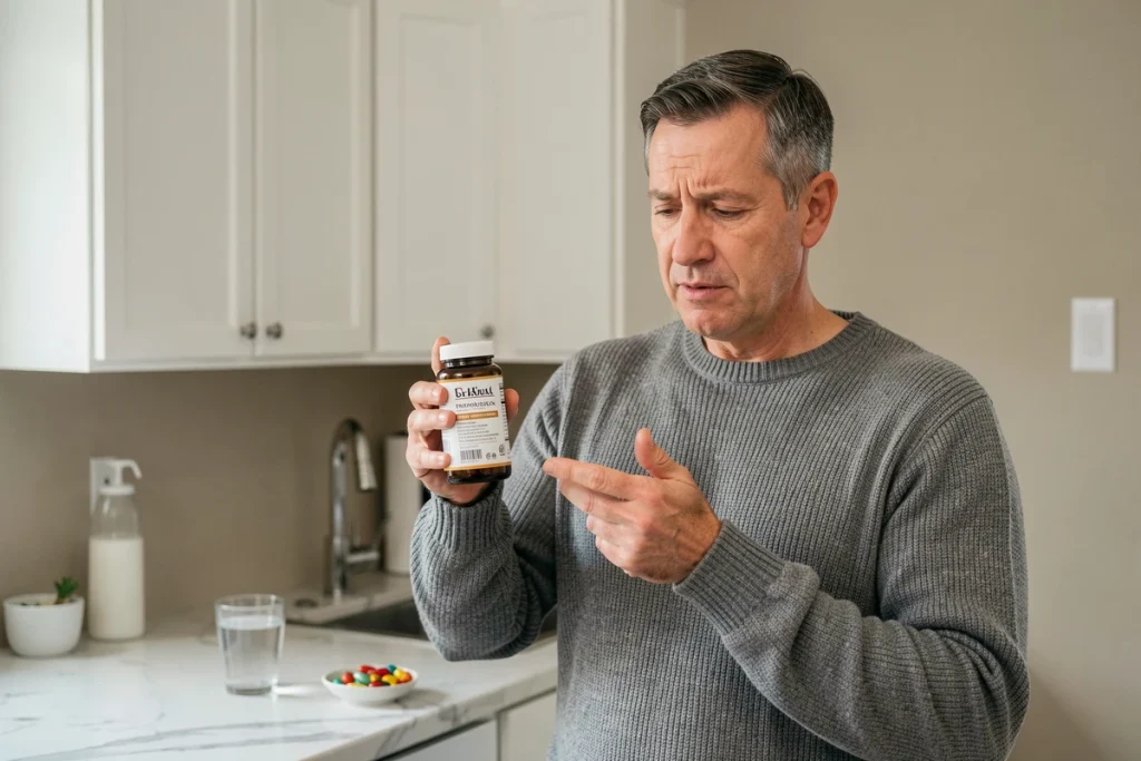 Homme lisant attentivement l'étiquette d'une bouteille de complément alimentaire Nourix avant de le consommer