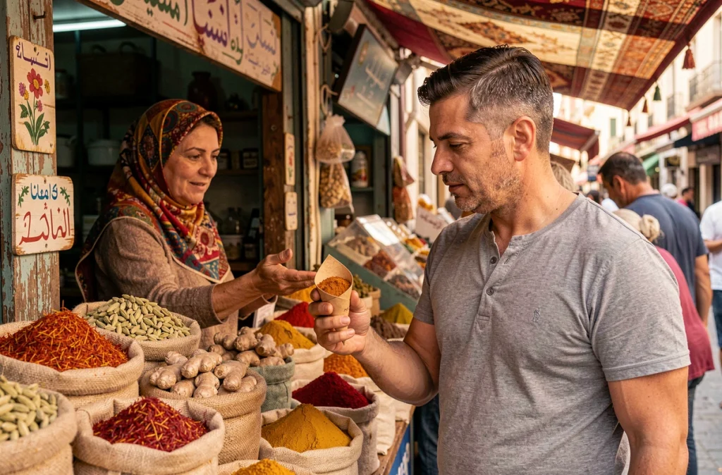 Homme examinant des épices sur un marché méditerranéen coloré avec des sacs de jute remplis d'épices naturelles pour le métabolisme