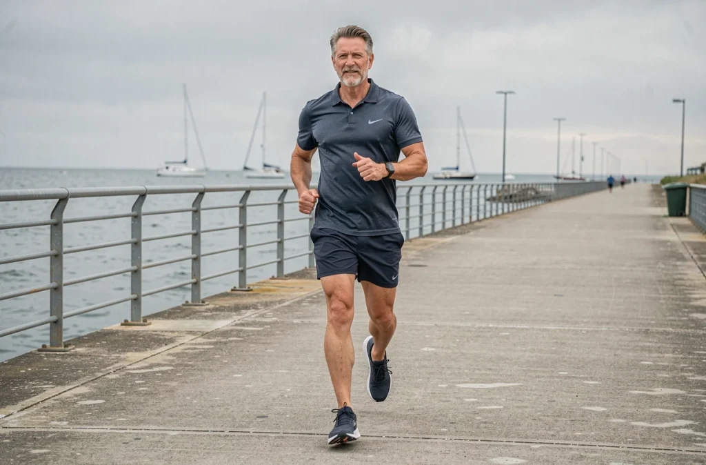 Homme de 45 ans marchant rapidement sur une promenade en bord de mer pour favoriser la perte de poids