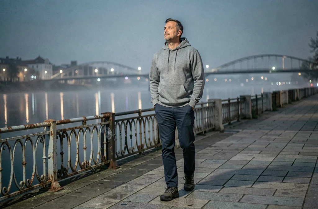 Homme se promenant sur une promenade au bord de l'eau la nuit, symbolisant la détente et l'amélioration du sommeil grâce à la marche