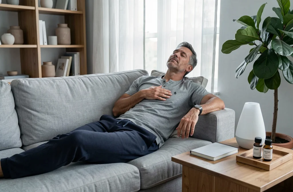 Homme se reposant sur un canapé avec un diffuseur d'aromathérapie dans un bureau à domicile minimaliste