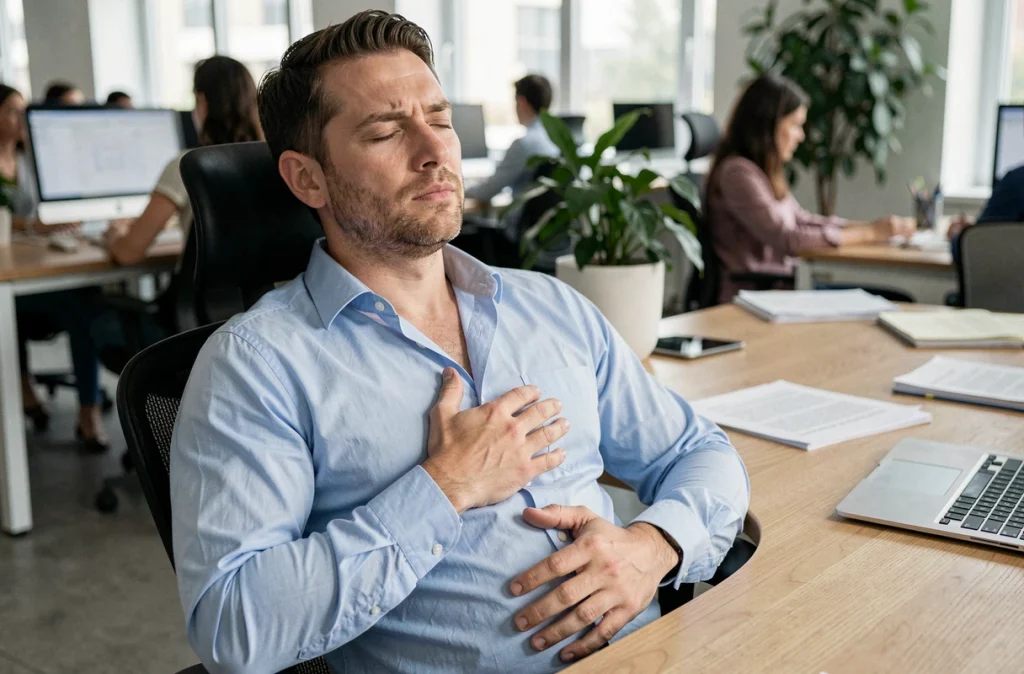 Homme en pause au bureau pratiquant la respiration abdominale consciente pour relâcher les tensions musculaires en milieu de journée