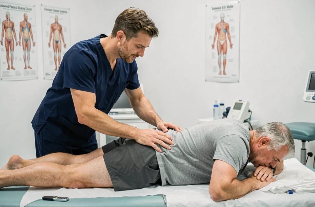 Kinésithérapeute examinant la zone fessière d'un patient allongé en cabinet de physiothérapie