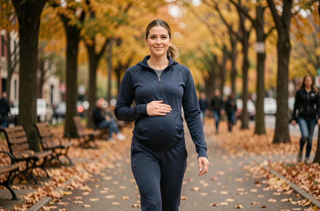 Femme enceinte marchant dans un parc en automne, exercice physique adapté à la grossesse en plein air