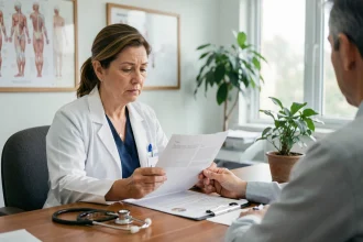 Médecin femme expliquant les contre-indications d'un complément alimentaire comme Nourix à une patiente dans un cabinet médical