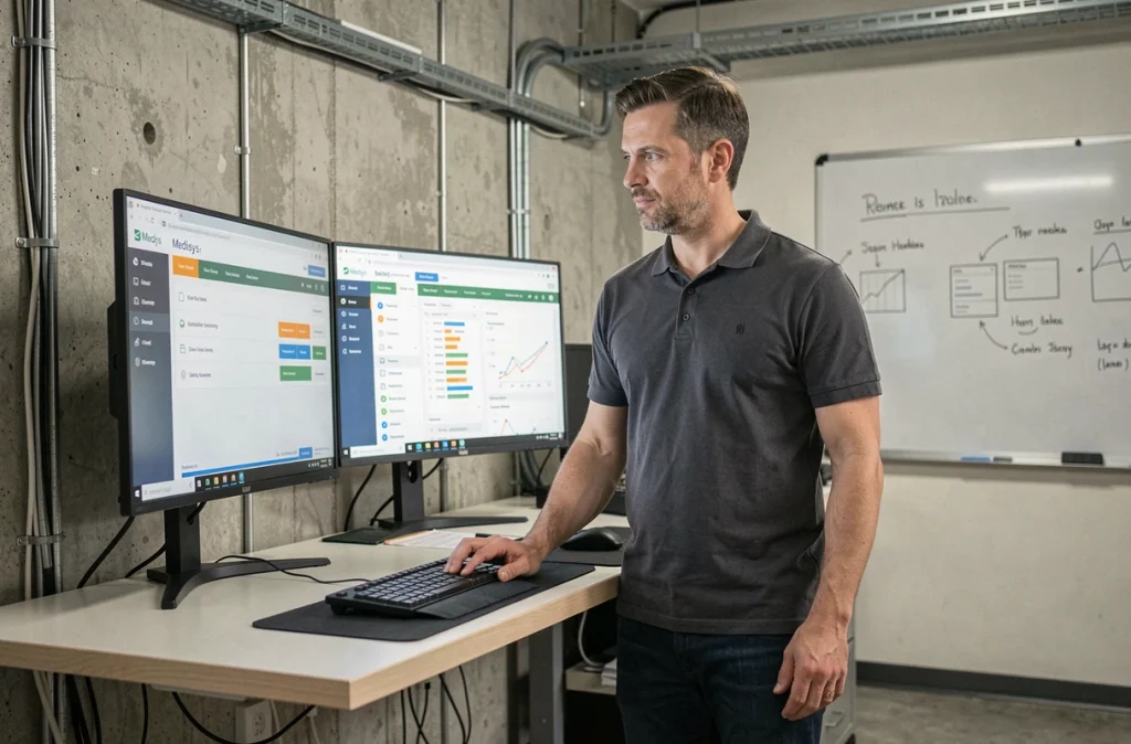 Technicien informatique comparant l'ancienne et la nouvelle interface du portail Medisys sur deux moniteurs
