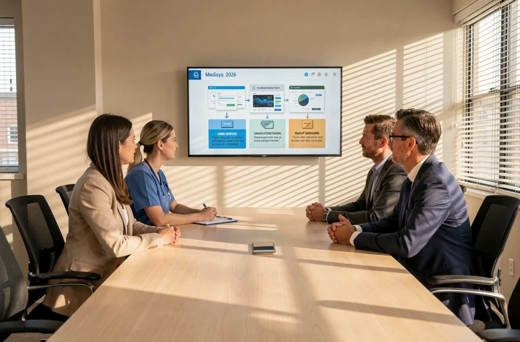 Équipe soignante assistant à une formation sur les nouveautés du portail Medisys 2026 en salle de conférence