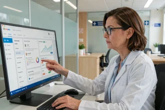 Professionnelle de santé utilisant le portail Medisys sur un écran tactile dans un bureau médical moderne en 2026