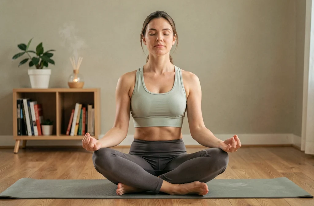 Femme pratiquant la méditation chez elle sur un tapis de yoga, illustrant la gestion du stress comme levier de contrôle du poids et du bien-être