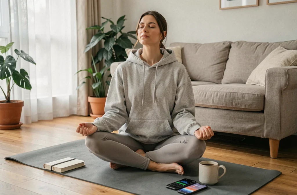 Femme pratiquant la méditation du soir sur un tapis de yoga avec une application de suivi du sommeil, dans le cadre d'un programme minceur