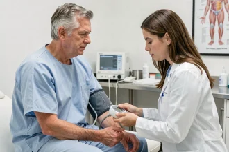 Patient âgé faisant mesurer sa tension artérielle par une médecin en cabinet médical
