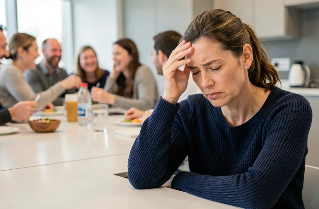 Femme souffrant de migraine chronique isolée lors d'un repas entre collègues, illustrant l'impact social de la maladie au travail