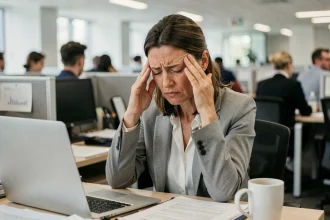 Femme souffrant de migraine chronique au bureau, incapable de travailler, exprimant une douleur visible en pressant ses tempes