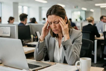 Femme souffrant de migraine chronique au bureau, incapable de travailler, exprimant une douleur visible en pressant ses tempes