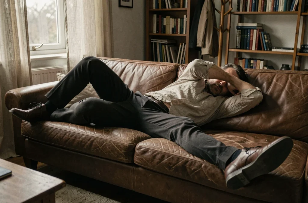 Homme épuisé par la migraine chronique allongé sur un canapé à la maison, incapable de participer à la vie sociale après le travail