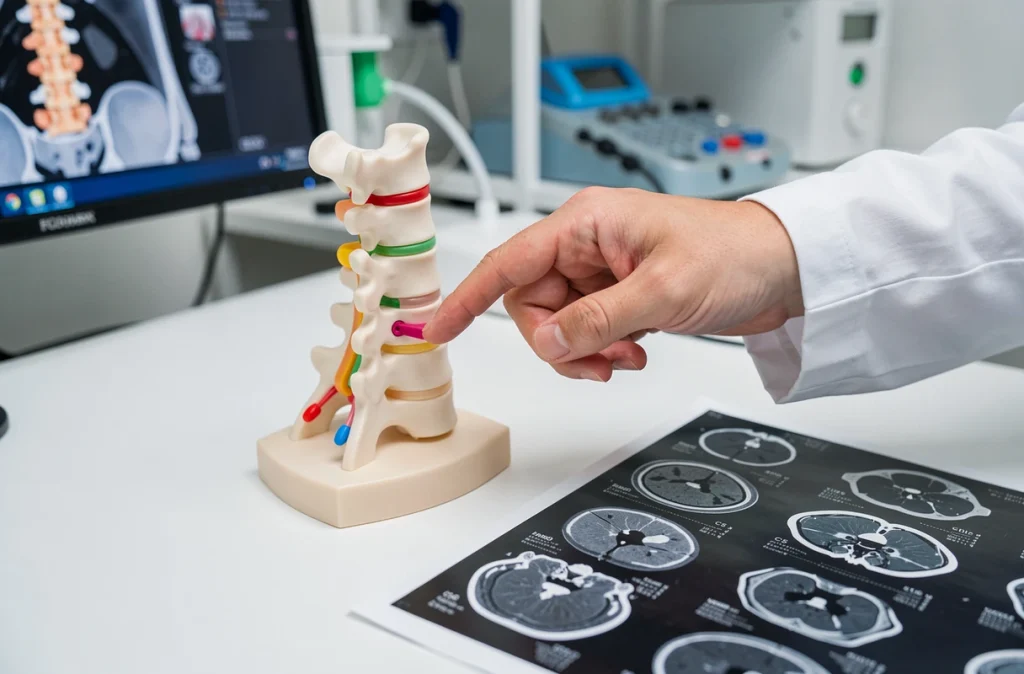 Modèle anatomique de la colonne cervicale C5-C6 avec IRM posé sur un bureau médical pour expliquer le rétrécissement foraminal