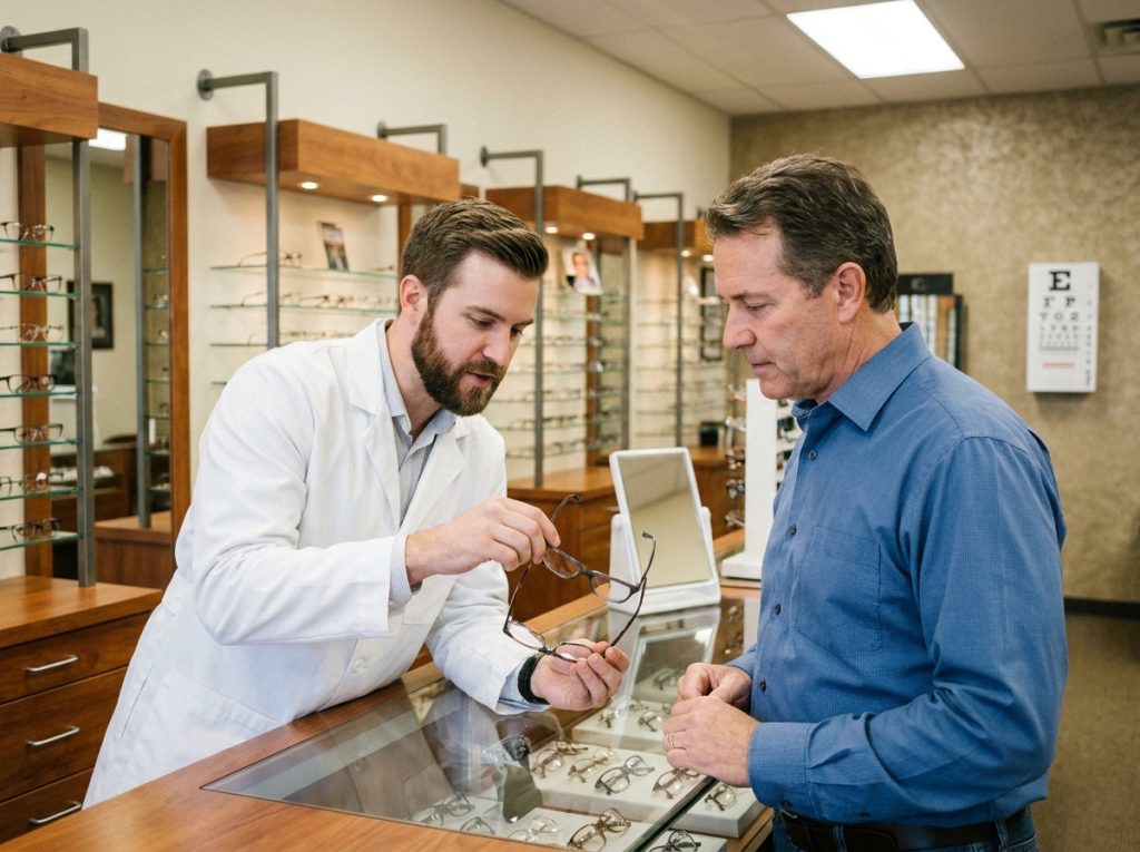 Opticien conseillant un client sur le choix de montures de lunettes dans une boutique d'optique