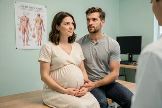 Couple attendant un rendez-vous prénatal ensemble, le partenaire tenant la main de la femme enceinte dans une salle de consultation obstétrique moderne