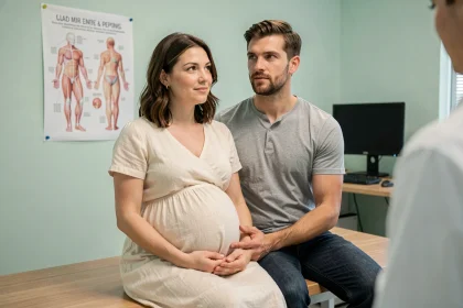 Couple attendant un rendez-vous prénatal ensemble, le partenaire tenant la main de la femme enceinte dans une salle de consultation obstétrique moderne