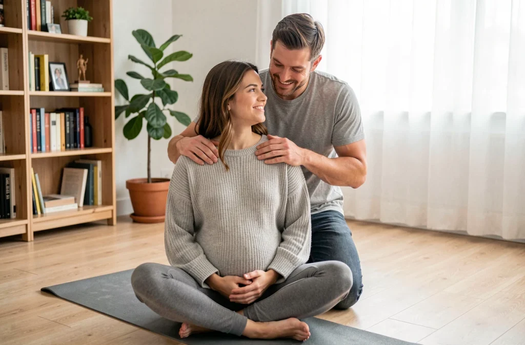 Partenaire accompagnant sa compagne enceinte lors d'une séance de relaxation à domicile, massage prénatal et moment de complicité