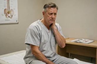 Patient d'âge moyen tenant sa nuque lors d'une consultation médicale pour douleur cervicale liée à une hernie discale C5-C6