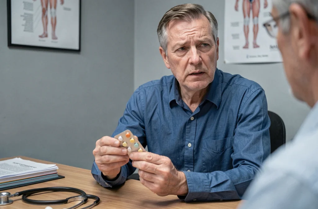 Patient de 55 ans tenant une plaquette de corticoïdes lors d'une consultation médicale, écoutant les conseils de son médecin dans un cabinet professionnel
