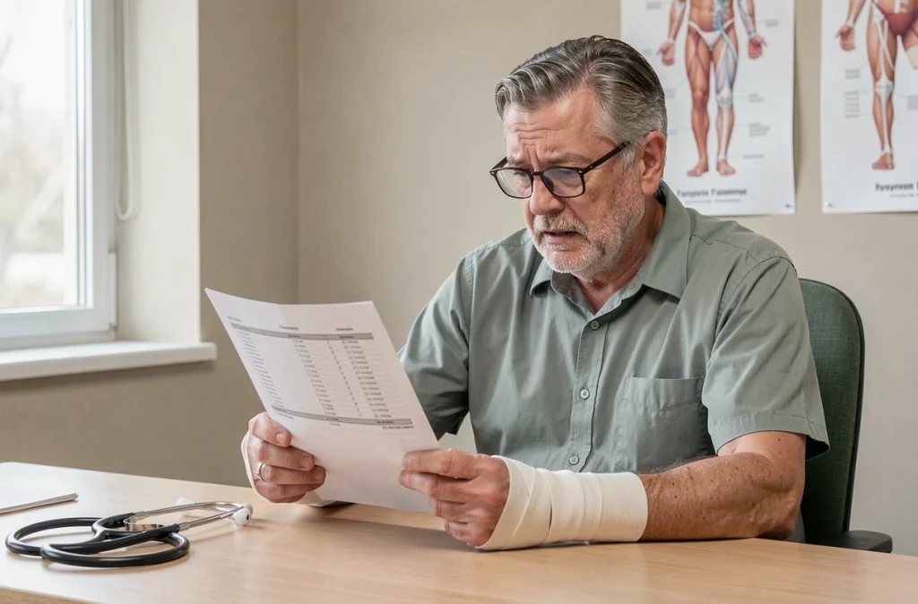 Patient âgé en consultation rhumatologique tenant ses résultats médicaux avec des attelles de poignet