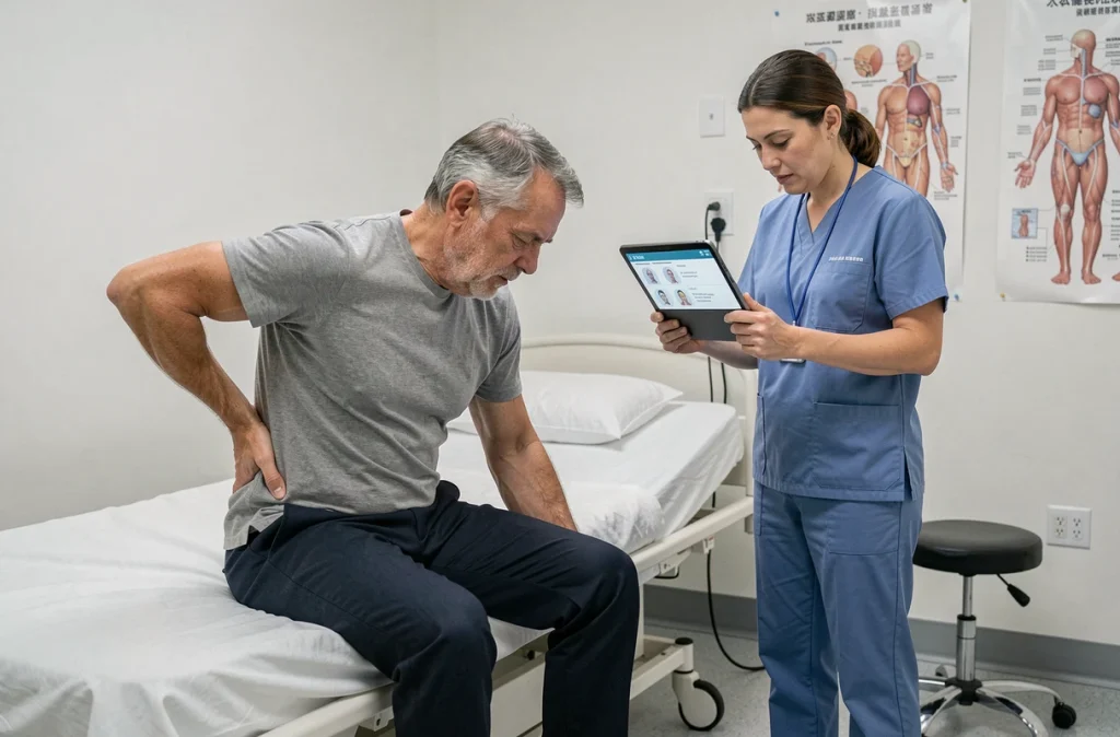 Un patient souffrant de douleurs chroniques liées à la fibromyalgie examiné par un spécialiste dans un service hospitalier