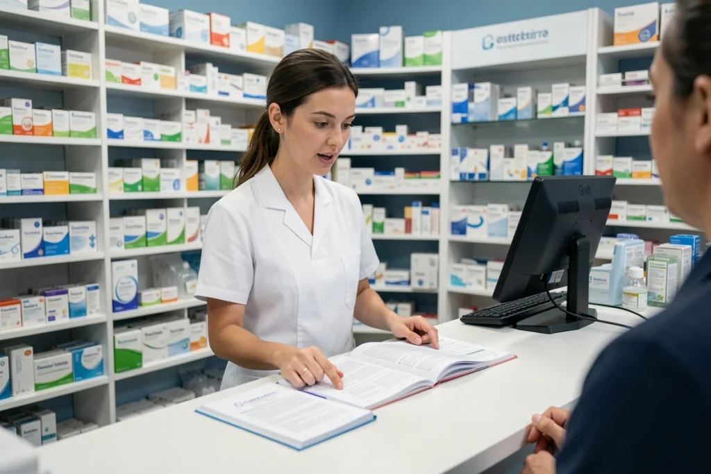 Pharmacienne en officine conseillant une cliente sur les précautions d'emploi et les contre-indications du complément Nourix
