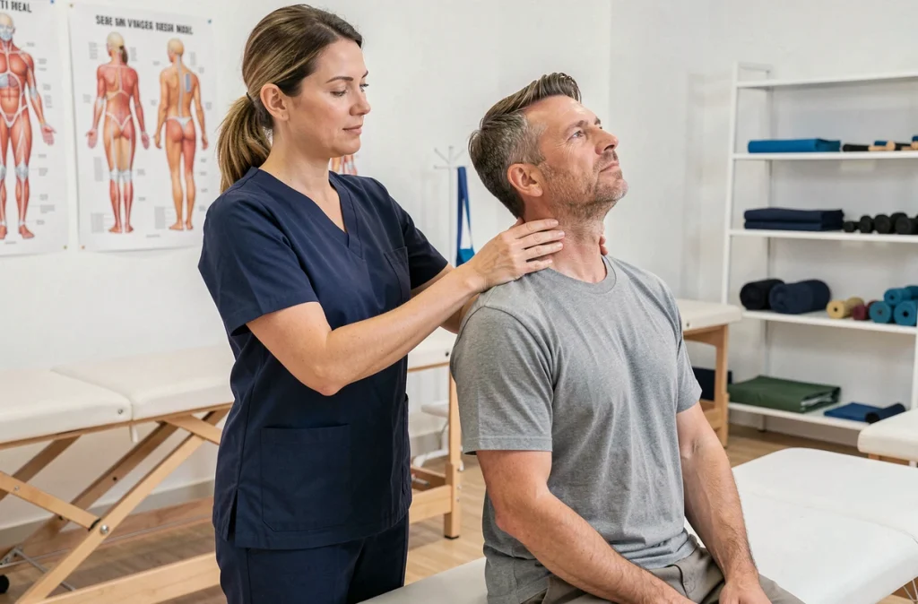 Physiothérapeute réalisant une évaluation manuelle cervicale sur un patient souffrant de hernie discale et de rétrécissement foraminal C5-C6