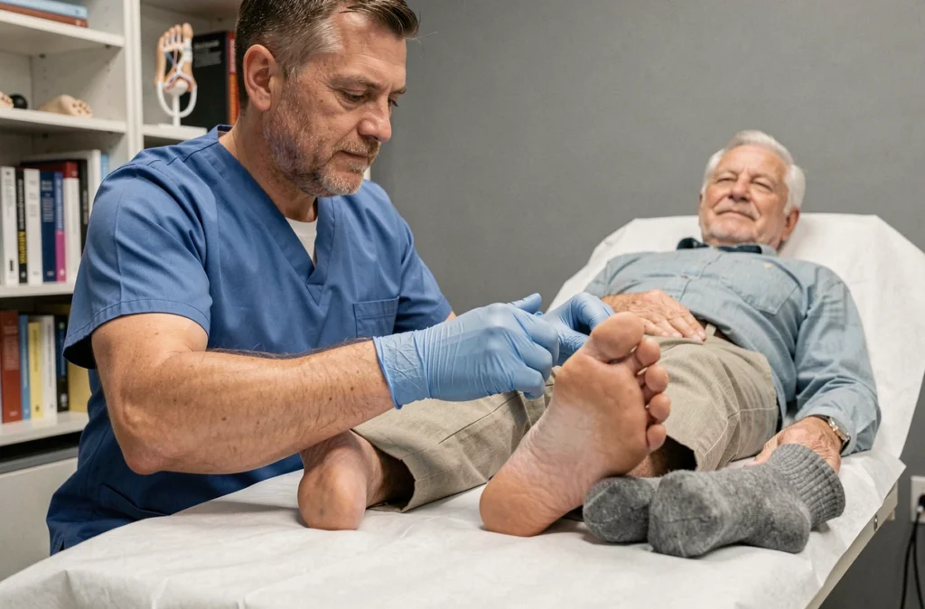 Podologue examinant la plante du pied d'un homme âgé pour détecter des cors et prévenir les complications
