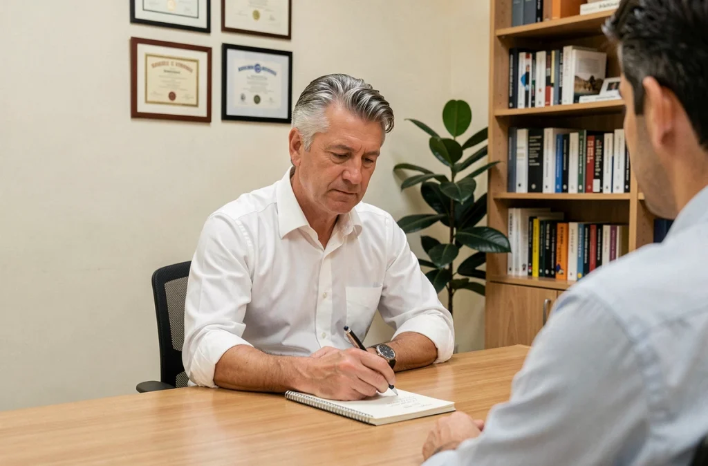 Psychiatre prenant des notes lors d'une consultation avec un patient souffrant de troubles bipolaires dans un cabinet médical