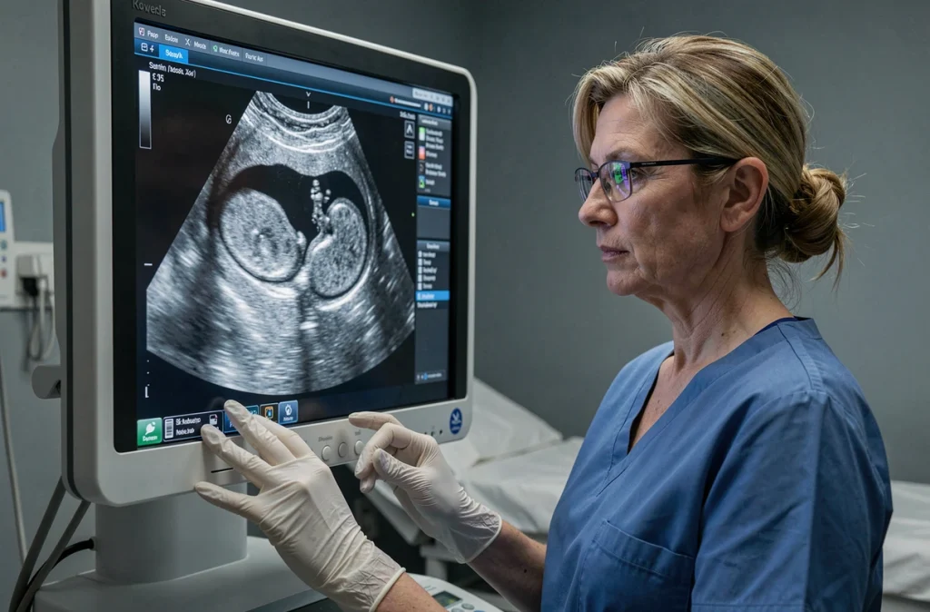 Radiologue examinant une échographie pelvienne pour détecter des kystes ovariens sur un écran de diagnostic médical