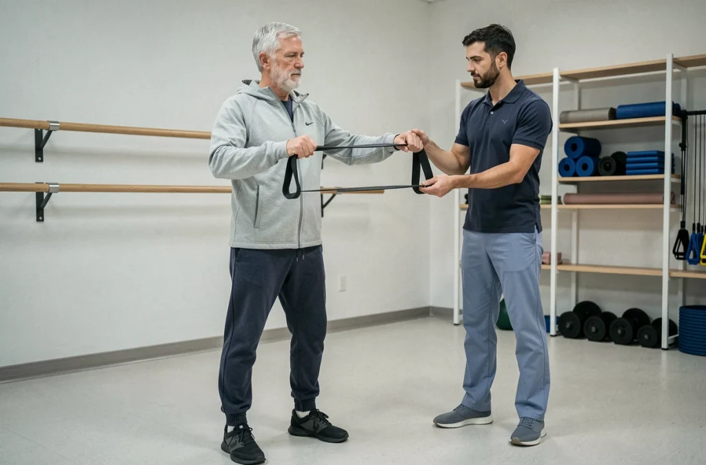Un homme âgé pratiquant des exercices de rééducation physique avec un kinésithérapeute dans une salle de soins moderne, pour maintenir son autonomie motrice