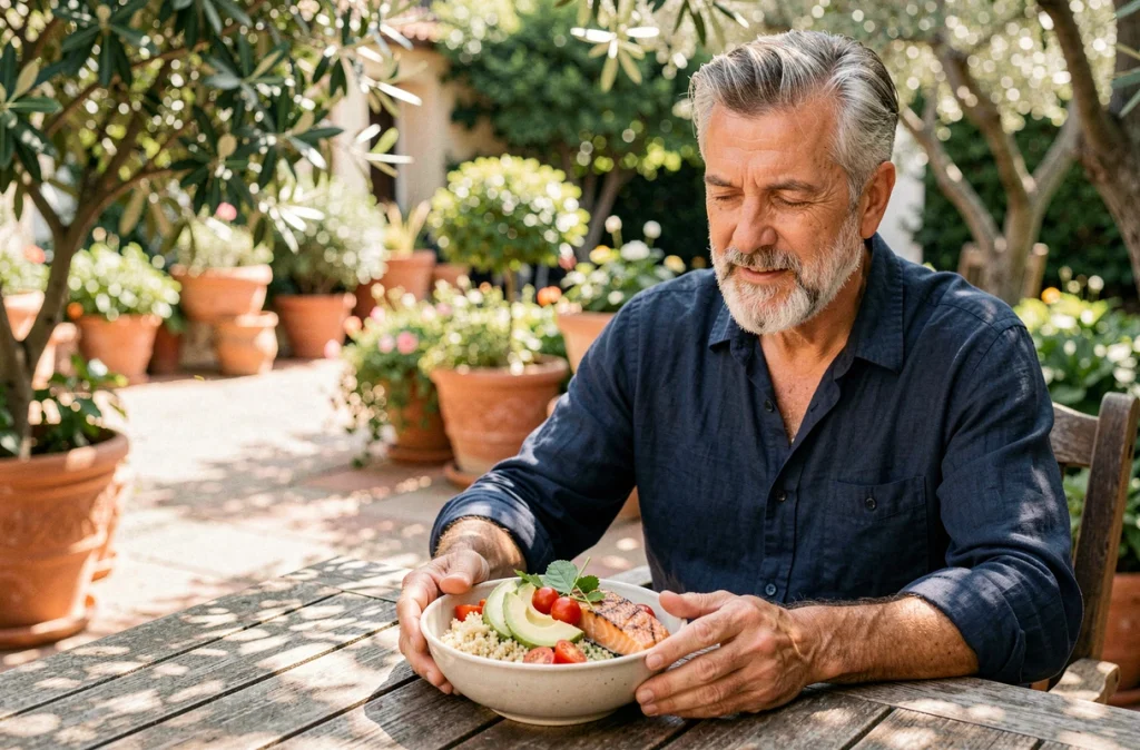 Homme mature savourant un repas anti-inflammatoire équilibré en terrasse dans un jardin méditerranéen