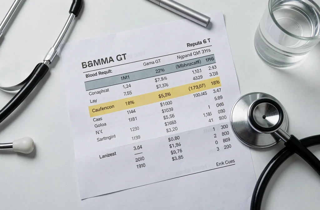 Résultats d'analyse sanguine montrant un taux de gamma GT élevé sur un rapport médical imprimé posé sur un bureau