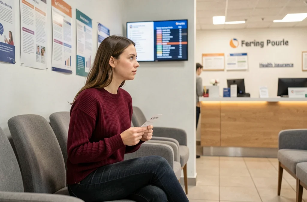 Jeune femme en salle d'attente de la CPAM tenant un ticket numéroté lors d'une démarche urgente
